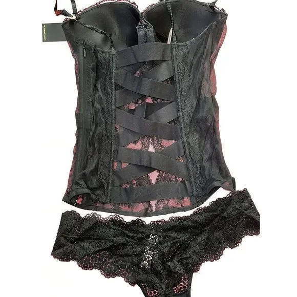 Victoria's Secret DESIGNER COLLECTION 36C CORSET bustier L thong BLACK crystal